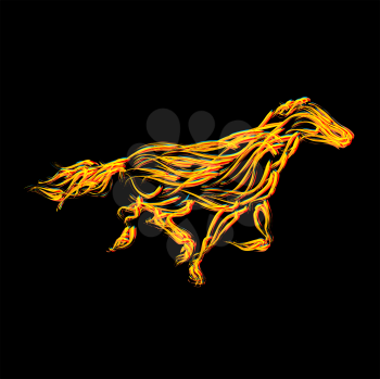Fiery horse illustration, isolated and grouped objects on black.
