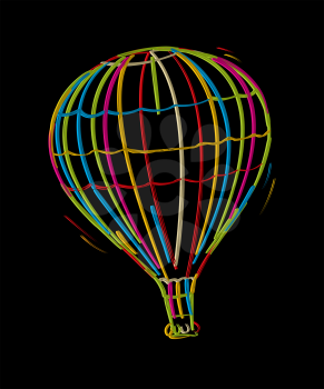 Hot air floating balloon, colored sketch against black background