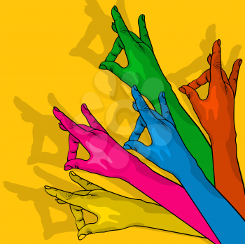 Colored hands showing victory, conceptual gay illustration.