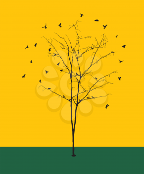 Conceptual graphic illustration with a leafless winter tree silhouette and birds.