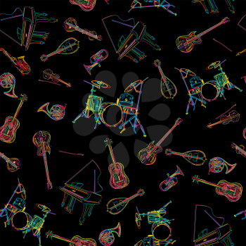Seamless pattern for wrapping paper or background with musical instruments over black.