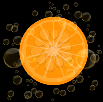 Background illustration of a orange slice and bubbles over black