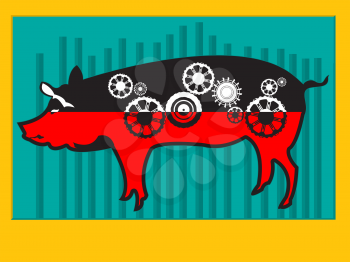 Conceptual pop art illustration of a pig with cog wheels and graphic stat