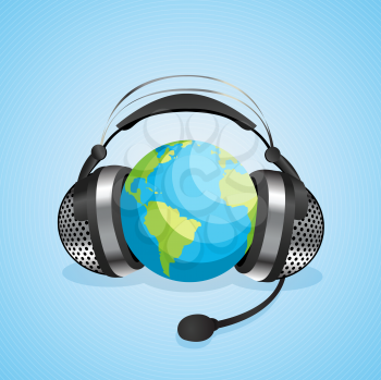 Conceptual graphic for online chat, worl communication with headphones over a globe. Abstract art