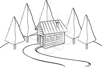 Cabin in the woods hand drawn sketch in black and white
