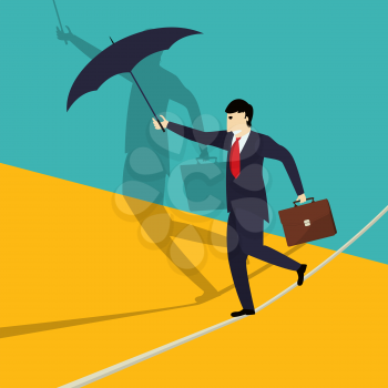 Businessman walks a tightrope trying to find balance, conceptual corporate graphic.