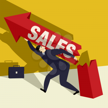 Illustration of a business man desperately trying to raise sales, conceptual corporate graphic