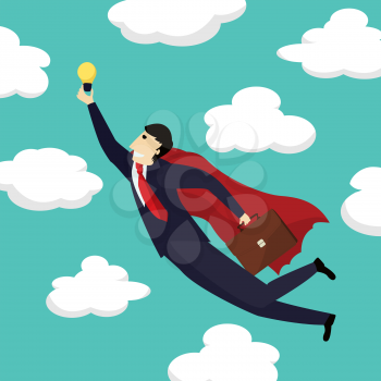 Superhero businessman is flying with a new idea towards the skies, conceptual corporate graphic