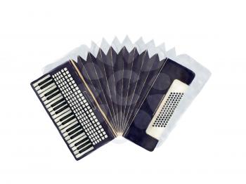 Watercolor accordion instrument and shaddow over white background