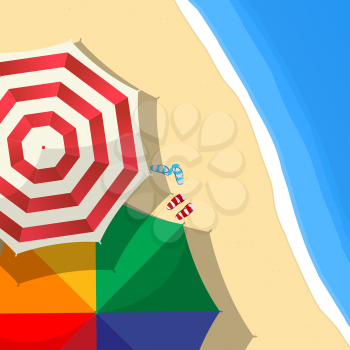 Summer day at the beach composition with umbrellas and slippers, aerial view, vector illustration