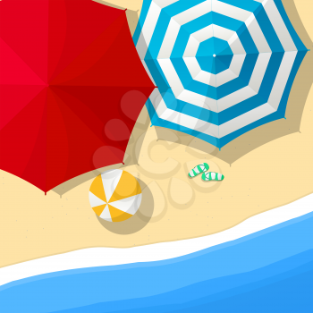 Aerial view summer day at the beach  with umbrellas and slippers and toy,  vector illustration