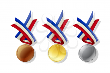 French medals in gold, silver and bronze with national flag. Isolated vector objects over white background