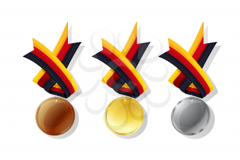 German medals in gold, silver and bronze with national flag. Isolated vector objects over white background
