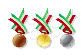 Hungarian medals in gold, silver and bronze with national flag. Isolated vector objects over white background