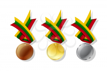 Lithuanian medals in gold, silver and bronze with national flag. Isolated vector objects over white background