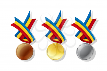 Romanian medals in gold, silver and bronze with national flag. Isolated vector objects over white background