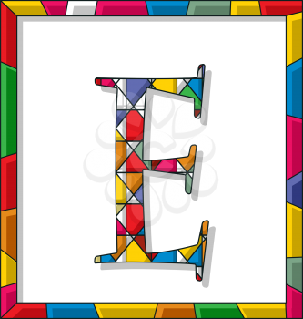 Stained glass letter E over white background, framed vector