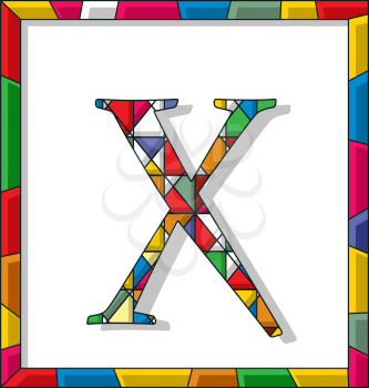 Stained glass letter X over white background, framed vector