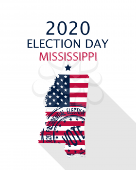 2020 United States of America Presidential Election Mississippi vector template.  USA flag, vote stamp and Mississippi silhouette