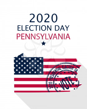 2020 United States of America Presidential Election Pennsylvania vector template.  USA flag, vote stamp and Pennsylvania silhouette