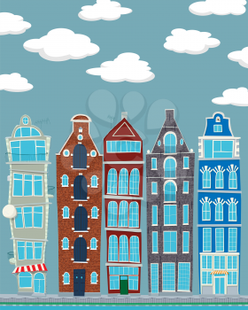 Vector illustration houses of amsterdam on retro style poster or postcard.