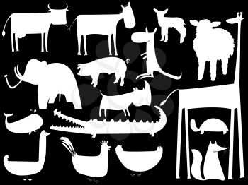 Royalty Free Clipart Image of a Collection of Animals in White Silhouette