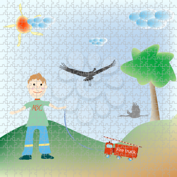 Royalty Free Clipart Image of a Little Boy Playing Puzzle