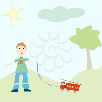 Royalty Free Clipart Image of a Little Boy With a Toy Firetruck
