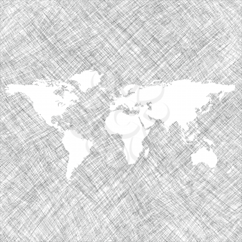 Royalty Free Clipart Image of a White World Map on Scratched Grey