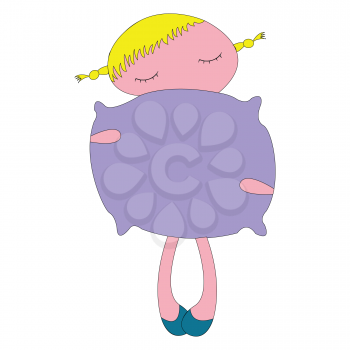 Royalty Free Clipart Image of a Little Girl With a Purple Pillow