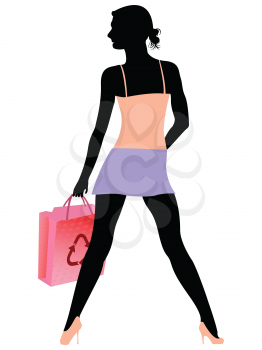 shopping girl silhouette against white background, abstract vector art illustration