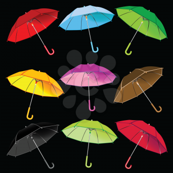 umbrellas collection against black background, abstract vector art illustration