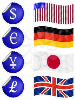 international currency labels with flags against white background, abstract vector art illustration