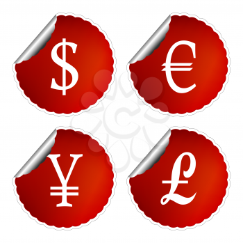 red labels with international currency symbols against white background, abstract vector art illustration