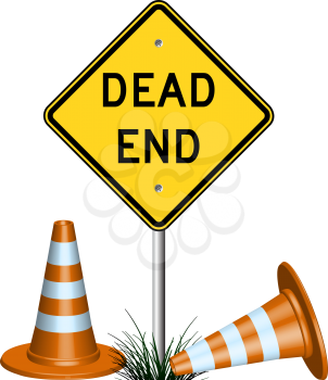 dead end sign with cones and grass, abstract vector art illustration