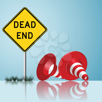 dead end sign with cones and grass reflected, abstract vector art illustration; image contains opacity mask