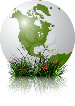 earth globe and grass reflected against white background; abstract vector art illustration; image contains transparency and clipping masks