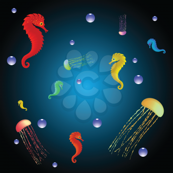 jellyfishes and seahorses over bubbling water, abstract vector art illustration; image contains transparency