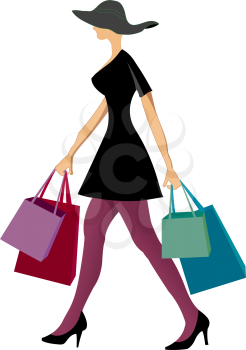 shopping woman with shopping bags against white background, abstract vector art illustration