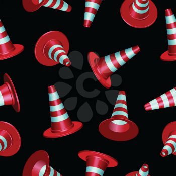 traffic cones with round base pattern against black background, abstract seamless texture; vector art illustration