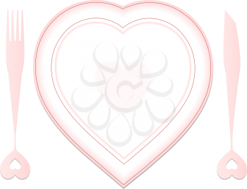 valentine plate and dishes in heart shapes against white background; abstract vector art illustration