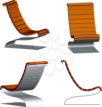 wooden 3d chairs with steel frames against white background, abstract vector art illustration