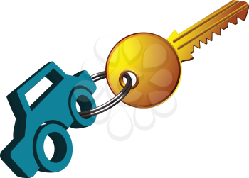 car ring and key on the same ring against white background, abstract vector art illustration