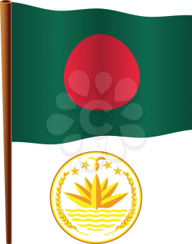 bangladesh wavy flag and coat of arms against white background, vector art illustration, image contains transparency