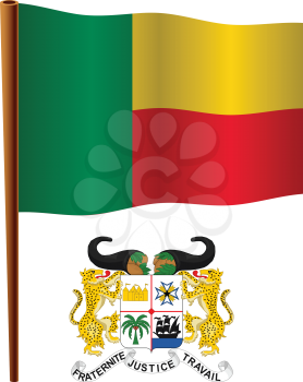 benin wavy flag and coat of arms against white background, vector art illustration, image contains transparency