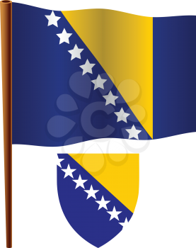 bosnia and herzegovina wavy flag and coat of arms against white background, vector art illustration, image contains transparency
