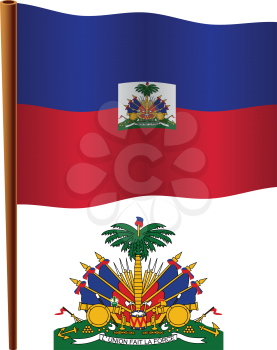 haiti wavy flag and coat of arms against white background, vector art illustration, image contains transparency