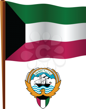 kuwait wavy flag and coat of arm against white background, vector art illustration, image contains transparency