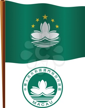 macau wavy flag and coat of arm against white background, vector art illustration, image contains transparency