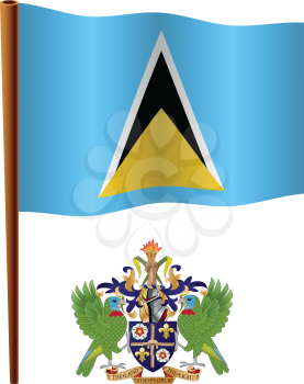 saint lucia wavy flag and coat of arm against white background, vector art illustration, image contains transparency